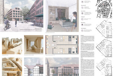 Entwurfsplakat von Lorena Meermeier mit Grundrissen, Visualisierungen und Modellfotos.